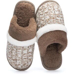 Women's Brown-White Cozy Comfy Memory Foam Slippers Slip-On Indoor House Shoes